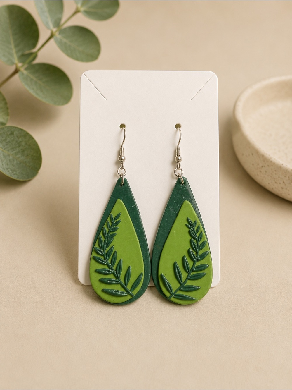 Green Leaf Teardrop Dangle Earrings - Handcrafted